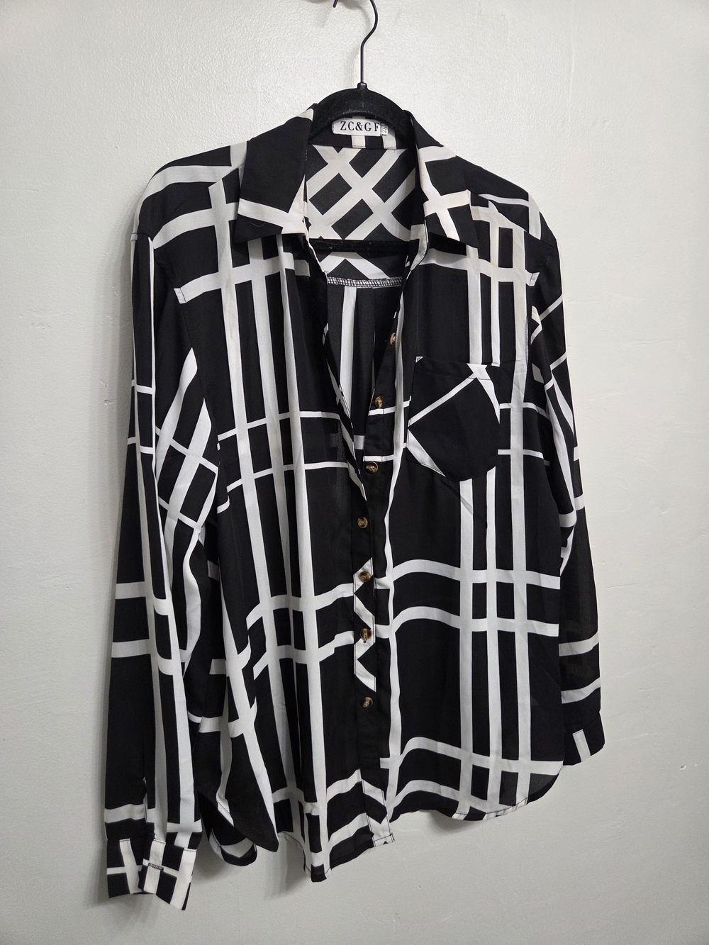 Black and White Geometric Button-Down Shirt